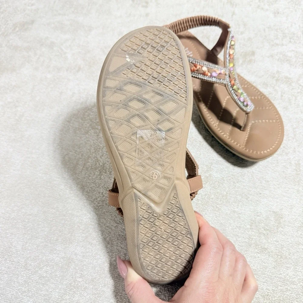 Patrizia by Spring Step Waterflow Tan Rhinestone Braided Slingback Sandals Sz 6